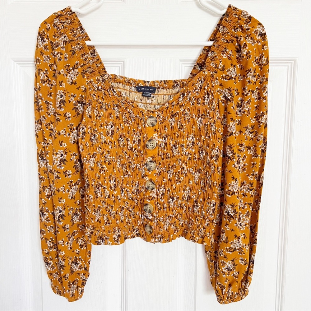 American Eagle | Yellow Mustard Floral Smocked Top